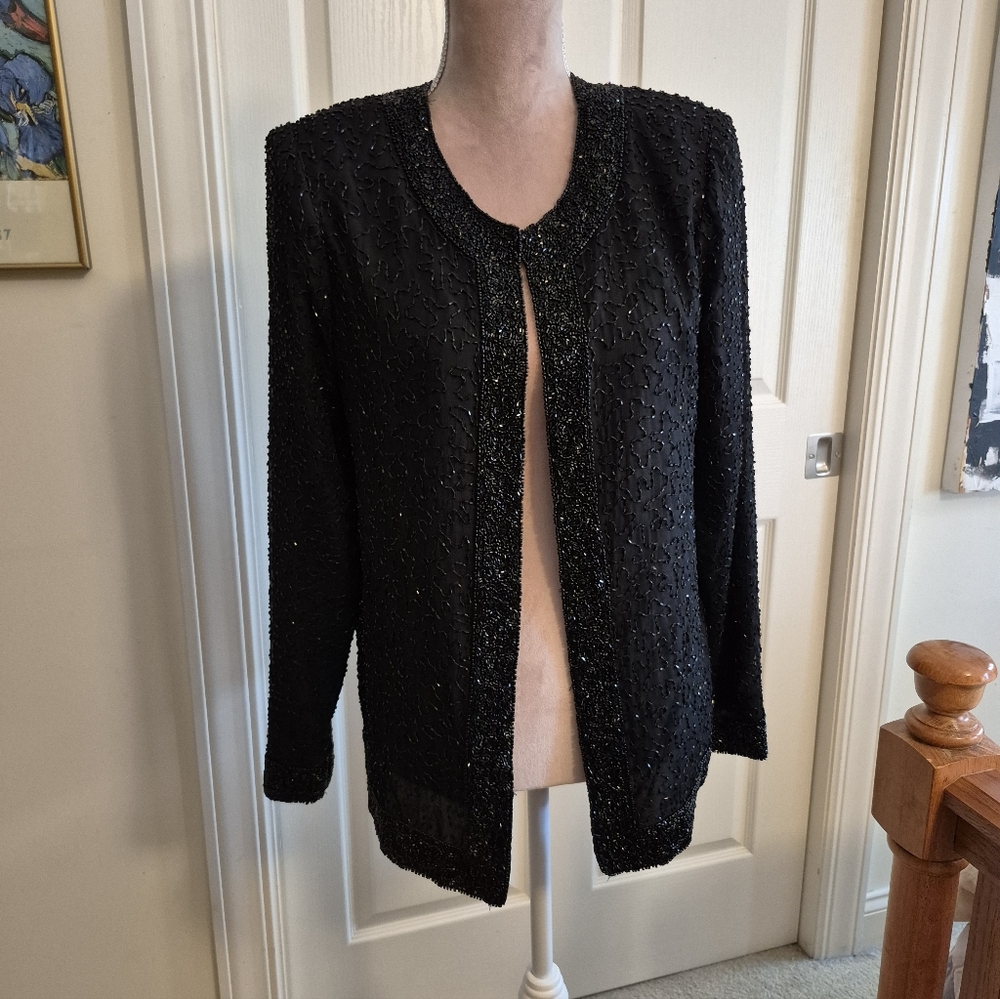 Laurence Kazar Elegant Black Beaded 100% Silk Jacket Blazer Size Medium - Picture 2 of 12